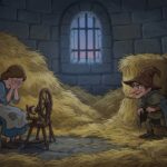 Malý podivný skřítek ve zmačkaném klobouku mluví ke smutné dívce sedící na kamenné podlaze vedle dřevěného kolovrátku v místnosti plné suché slámy.