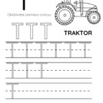 Pracovní list pro písmeno T s ilustrací traktoru a tréninkovými řádky.
