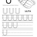 Pracovní list pro písmeno U s obrázkem ulity a řádky na psaní.