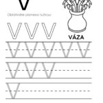 Pracovní list pro písmeno V s ilustrací vázy a prostorem pro nácvik.