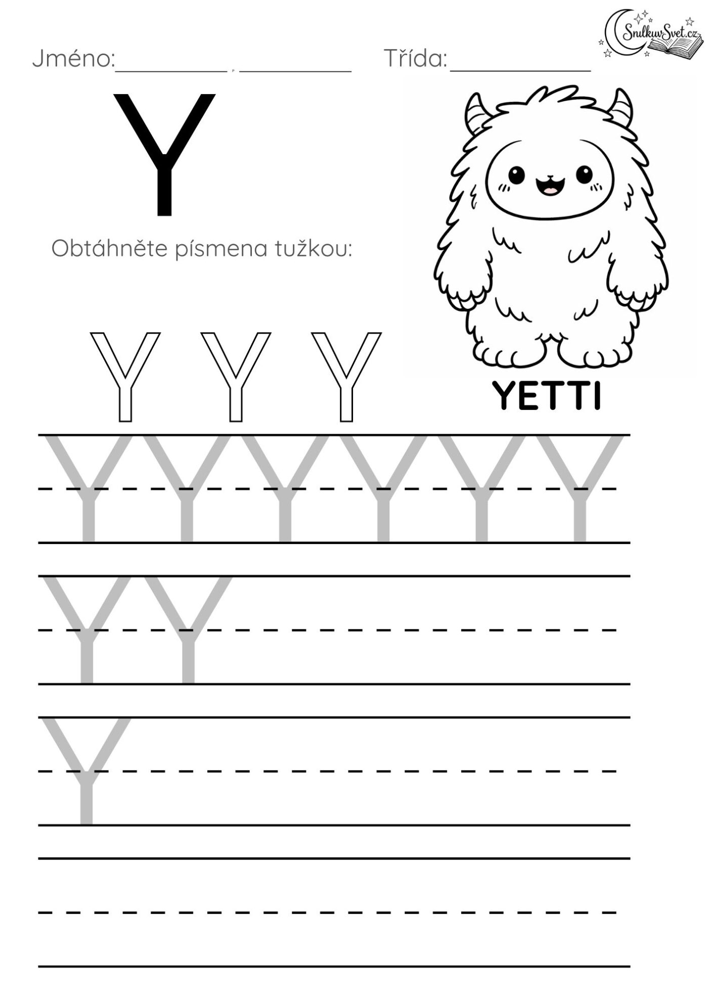 Písmeno Y: Hravý pracovní list pro děti