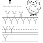 Pracovní list pro písmeno Y s postavičkou Yettiho a prostorem pro psaní.