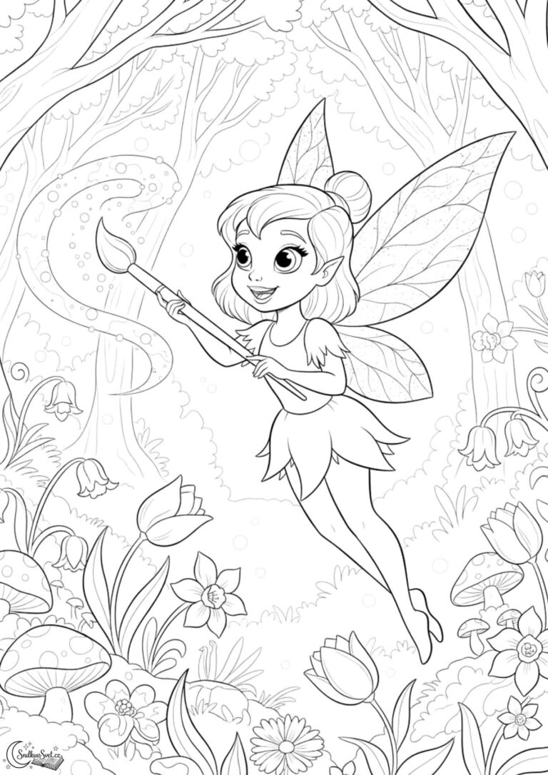Omalovánka: Lesní víla a kouzelné jarní květy