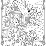 Černobílá omalovánka v moderním pohádkovém stylu zobrazující maminku kozu, všech sedm malých kůzlátek a vlka, který se schovává za chaloupkou.