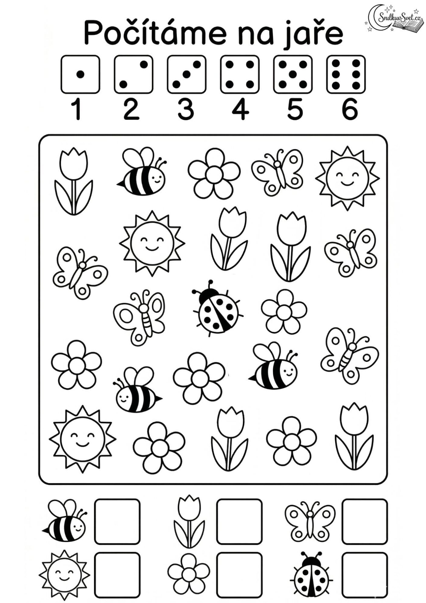 Jarní počítání do 6: Zábavný pracovní list pro předškoláky a prvňáčky