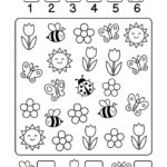 Černobílý jarní pracovní list pro děti. Úkolem je spočítat a zapsat počty tulipánů, včelek, motýlů, sluníček, květin a berušky do čtverečků.