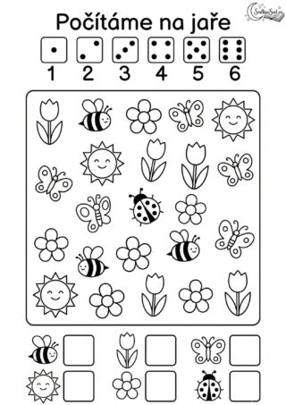 Jarní počítání do 6: Zábavný pracovní list pro předškoláky a prvňáčky