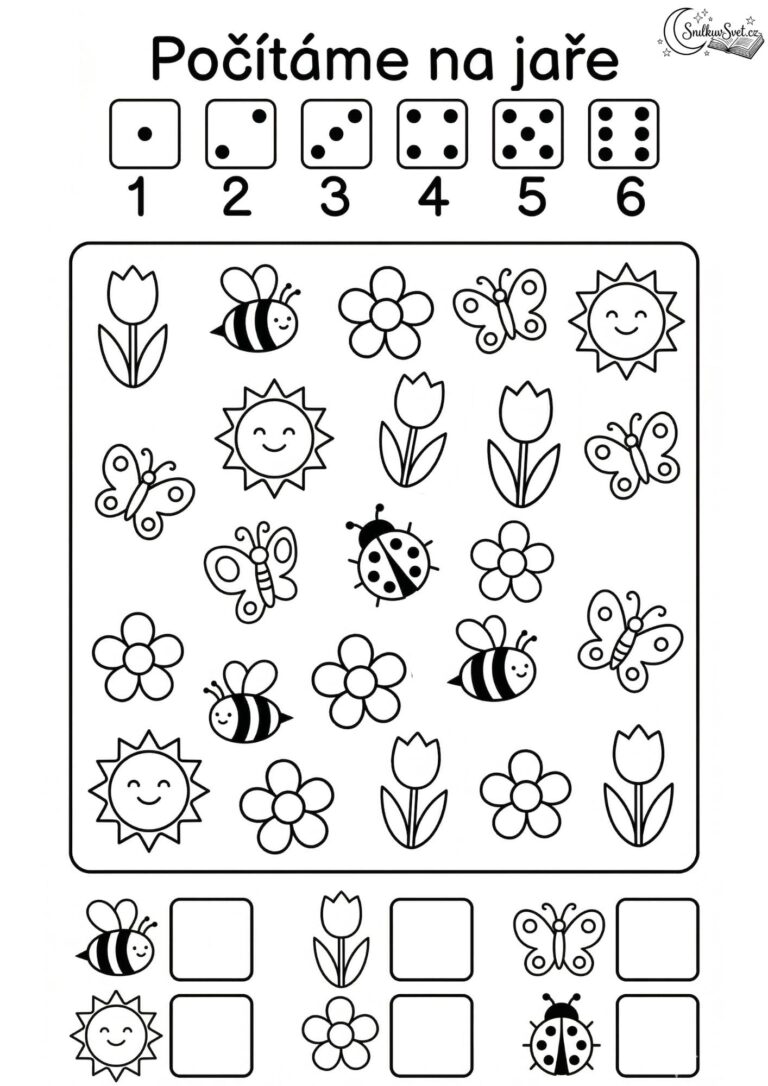 Jarní počítání do 6: Zábavný pracovní list pro předškoláky a prvňáčky