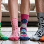 Detailní pohled na tři páry nohou (jedno dítě a dva dospělí) v pestrých, nespárovaných ponožkách. Každá z šesti ponožek má jiný vzor nebo barvu, včetně dinosaurů, pruhů, puntíků a duhy. V pozadí je rozmazaný obývací pokoj.