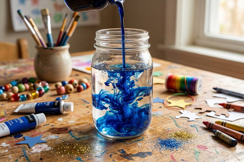 Detail míchání modrého barviva ve sklenici s vodou na tvořivém stole.