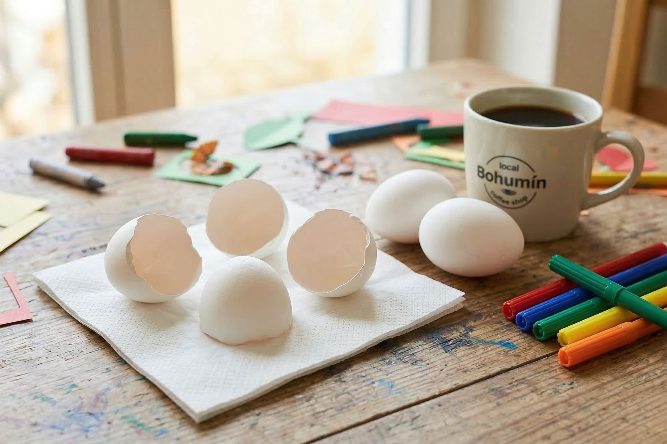 Očištěné prázdné vaječné skořápky ležící na ubrousku vedle barevných fixů na pokresleném dřevěném stole.