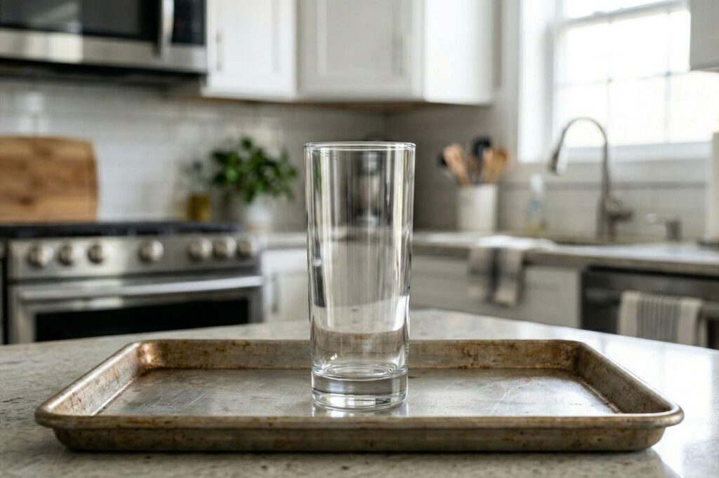 Prázdná vysoká sklenice stojící na kovovém plechu v moderní kuchyni.