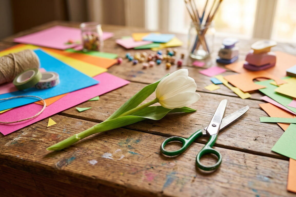 Detailní záběr na šikmo seříznutý stonek bílého tulipánu na dřevěném podkladu.