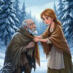 Hodná dívka Maruška v zasněženém lese dává svůj šátek promrzlému starci, ze kterého se vyklube kouzelný dědeček.