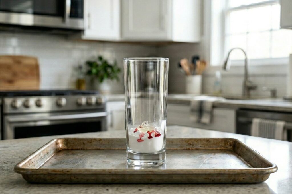 Sklenice naplněná jedlou sodou a červeným barvivem na plechu v kuchyni.