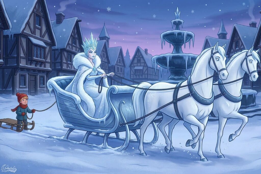 Sněhová královna v bílém kožichu na velkých saních tažených bílými koňmi, za kterými jede malý Kaj na sáňkách.