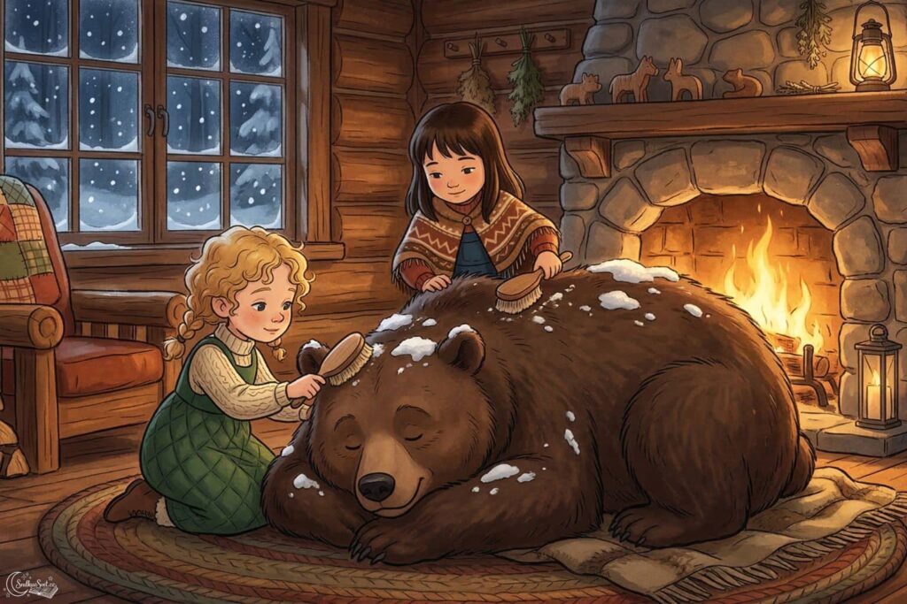 Obrovský hnědý medvěd leží u rozpáleného krbu, zatímco Sněženka a Růženka mu z husté srsti vyčesávají sníh.