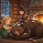 Obrovský hnědý medvěd leží u rozpáleného krbu, zatímco Sněženka a Růženka mu z husté srsti vyčesávají sníh.