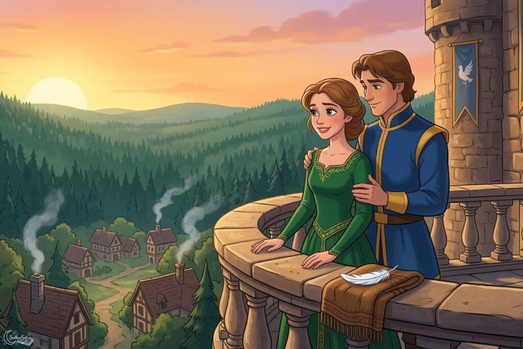 Princ a Maruška stojí na hradním balkoně při západu slunce a shlížejí na své království.