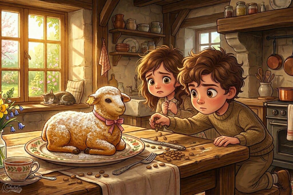 Osmiletý chlapec Tomáš sype psí granule kolem upečeného beránka bez ucha, zatímco jeho mladší sestřička ho provinile sleduje.