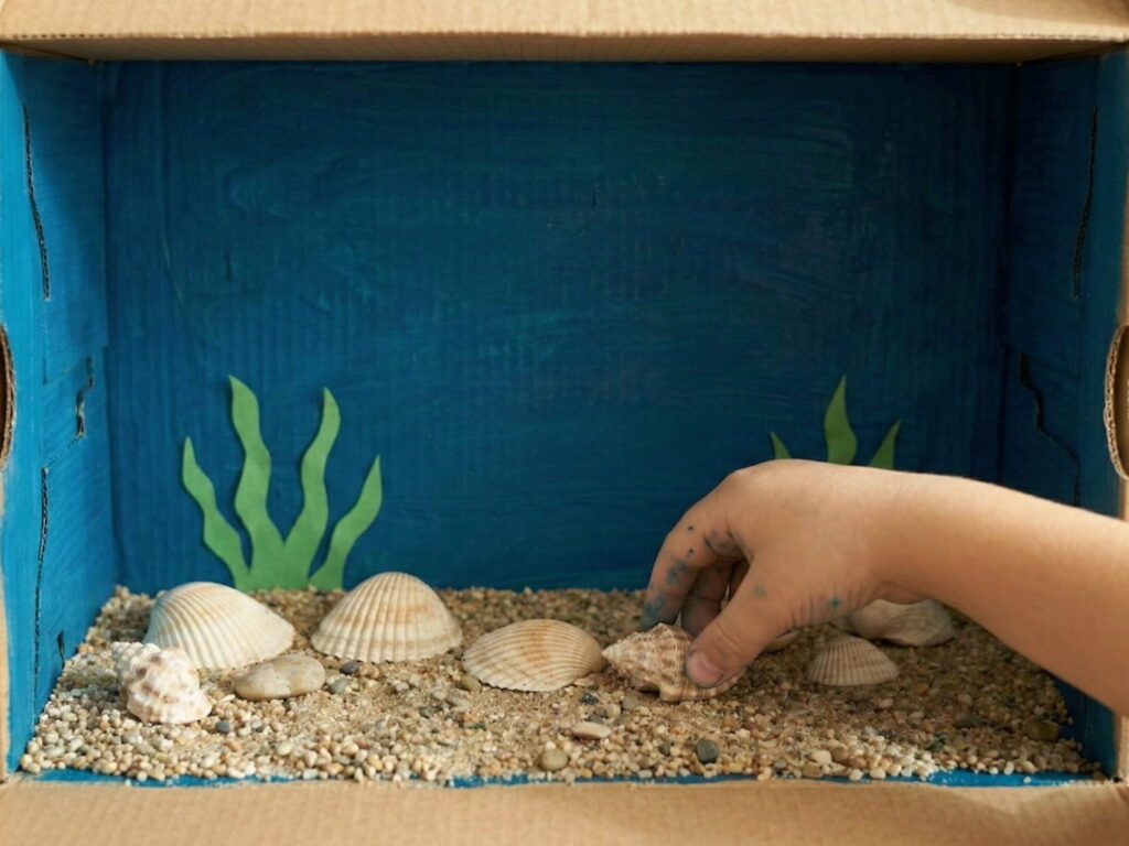 Dětská ruka vkládá mořské mušle a kamínky na dno krabice vysypané pískem, na pozadí jsou vidět papírové řasy.