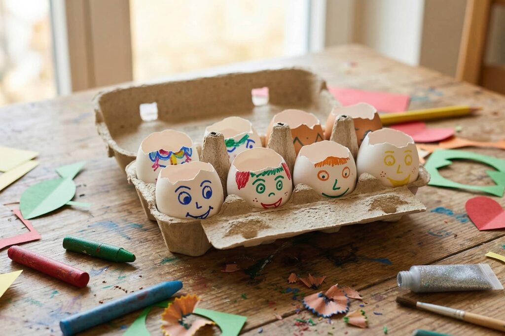 Vaječné skořápky s nakreslenými veselými obličeji od fixů