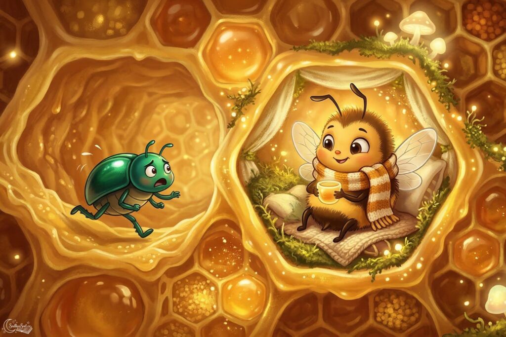Roztomilá včelka zabalená do šály sedí v teplém voskovém úlu, zatímco k ní přibíhá vyplašený malý zelený brouček.