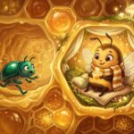 Roztomilá včelka zabalená do šály sedí v teplém voskovém úlu, zatímco k ní přibíhá vyplašený malý zelený brouček.