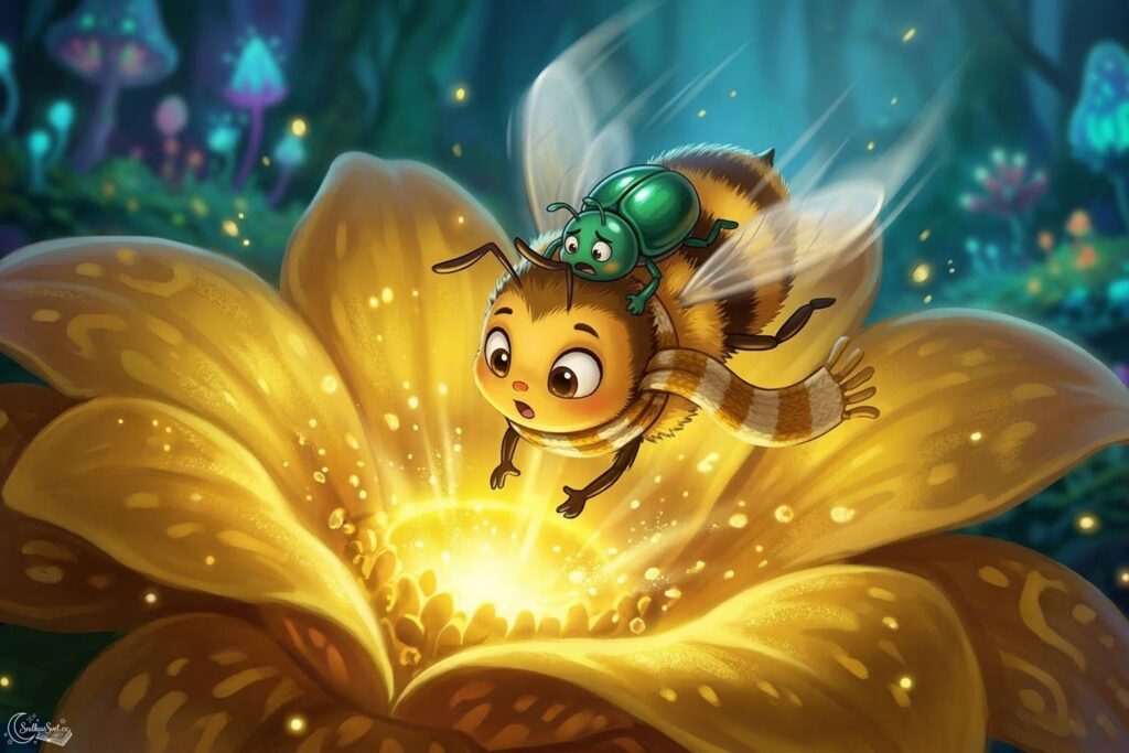 Rychle letící včela s malým broučkem na zádech letí střemhlav do středu zářivě žlutého zavírajícího se květu.