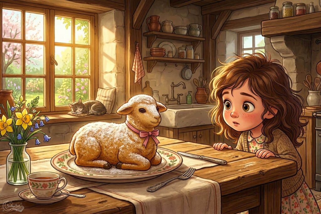 Pětiletá holčička Eliška nakukuje přes stůl na čerstvě upečeného a pocukrovaného piškotového beránka v tradiční venkovské kuchyni.