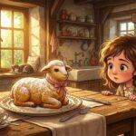 Pětiletá holčička Eliška nakukuje přes stůl na čerstvě upečeného a pocukrovaného piškotového beránka v tradiční venkovské kuchyni.