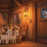 Obrovský šedý vlk s bílou tlapou vtrhl do útulné dřevěné chaloupky, zatímco se sedm malých kůzlátek v panice schovává pod stůl a do skříní.