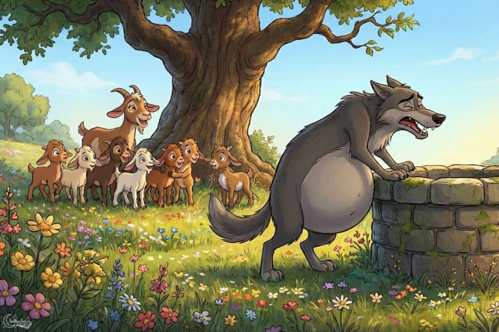 Obrovský šedý vlk s velikým břichem se naklání nad studnou, zatímco sedm kůzlátek s maminkou ho sledují z povzdáli. 