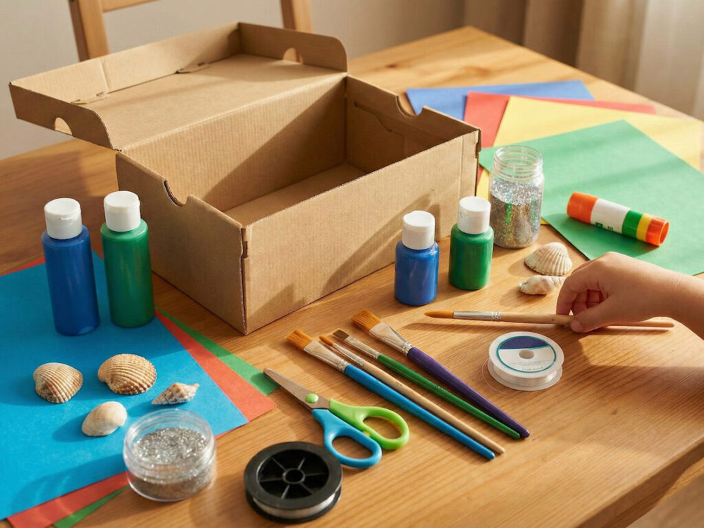 Dřevěný stůl s výtvarnými potřebami: prázdná krabice od bot, modré barvy, štětce, nůžky, barevné papíry, lepidlo, třpytky a mušle.