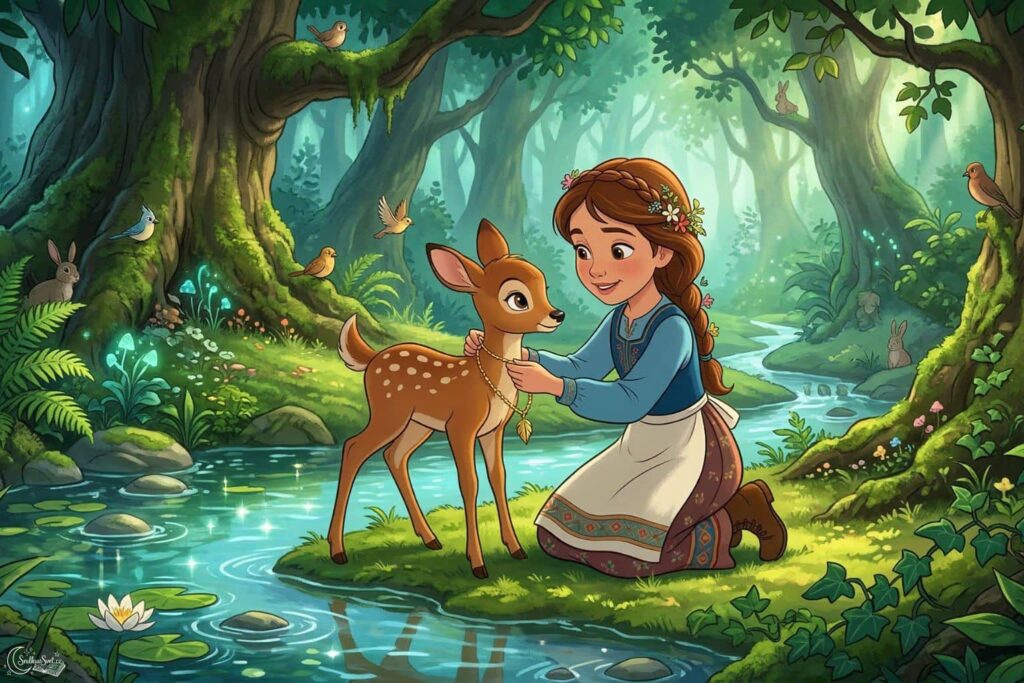 Sestřička v hlubokém lese klečí u malého srnečka a dává mu na krk zlatý řetízek.