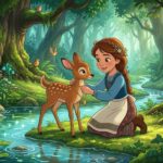 Sestřička v hlubokém lese klečí u malého srnečka a dává mu na krk zlatý řetízek.