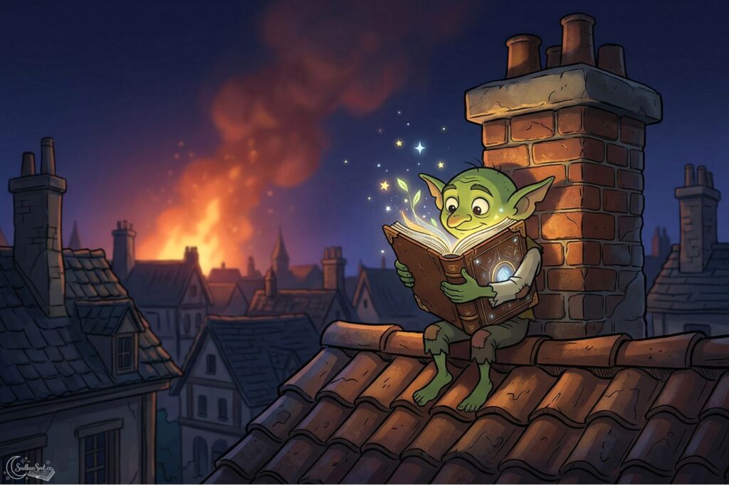 Malý skřítek na střeše pevně objímá zářící knihu plnou světla, zatímco v pozadí je vidět odlesk ohně. Magická ilustrace.