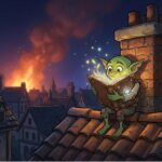 Malý skřítek na střeše pevně objímá zářící knihu plnou světla, zatímco v pozadí je vidět odlesk ohně. Magická ilustrace.