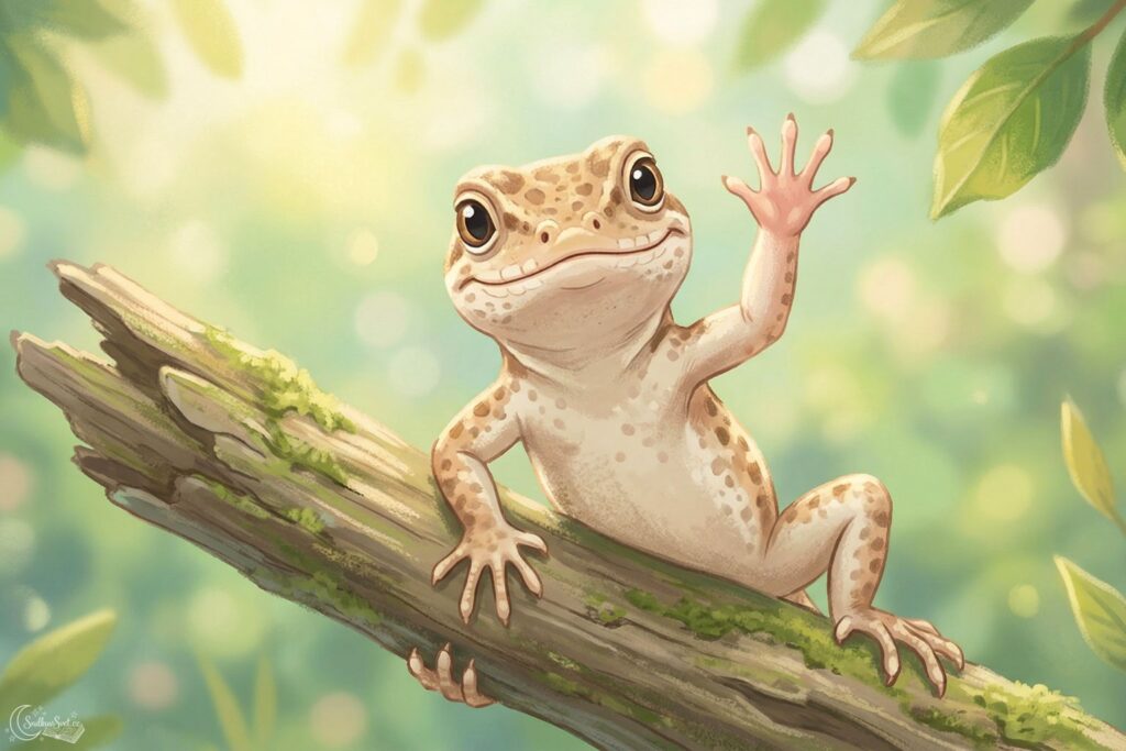 Světle hnědá agama stojí na větvi a má zvednutou jednu přední nožičku, jako by mávala.