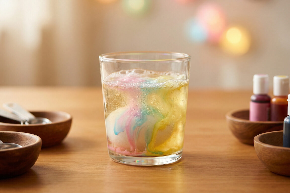 Vajíčko ponořené ve sklenici s bublajícím octem a pastelovými barvami