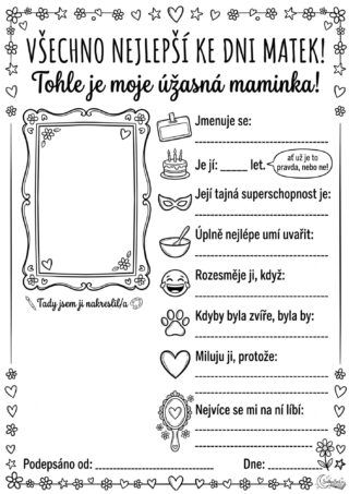 Moje úžasná maminka: Zábavný dotazník a dárek ke Dni matek k tisku