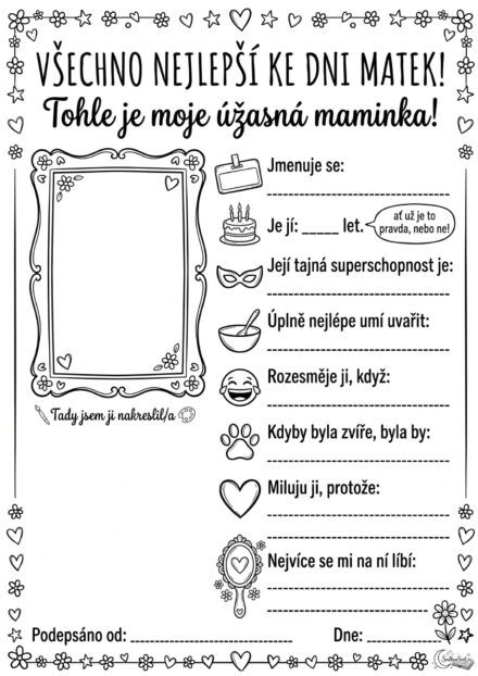 Moje úžasná maminka: Zábavný dotazník a dárek ke Dni matek k tisku