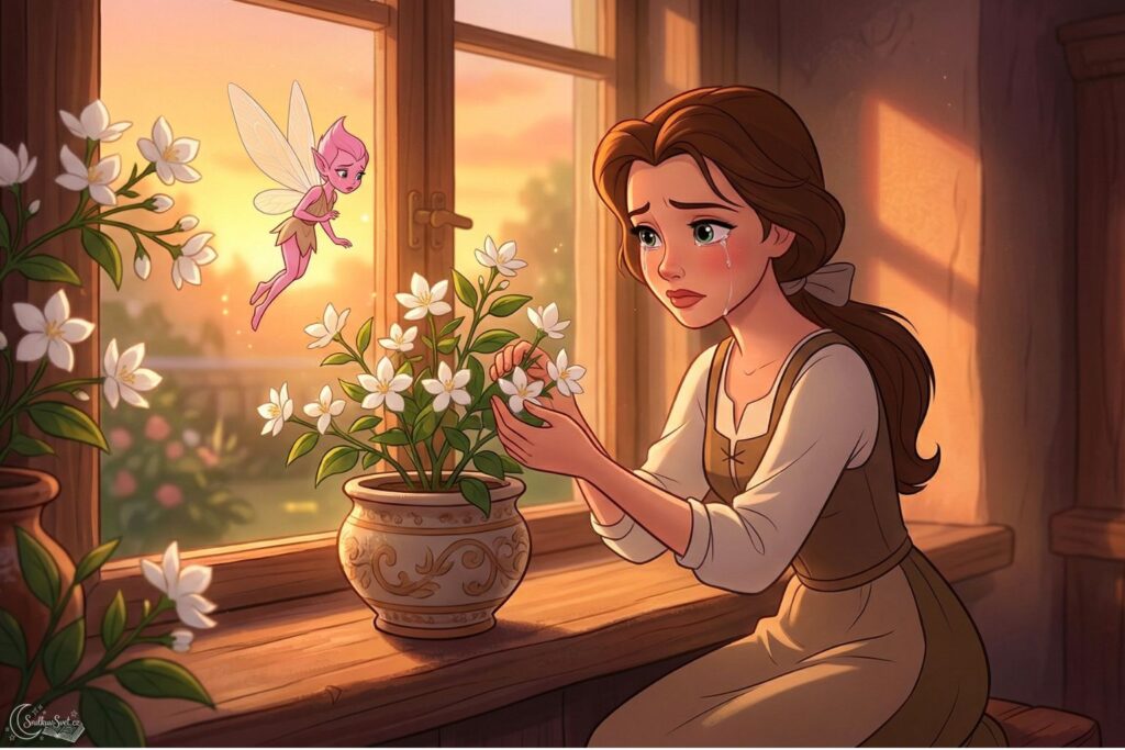 Smutná dívka pečuje o bíle kvetoucí jasmín v květináči na okně, zatímco u květu poletuje drobný skřítek.