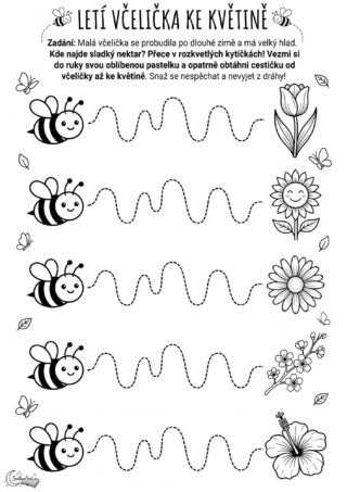 Grafomotorický list pro děti: Včelička letí ke květině