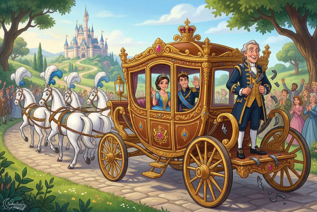 Královský kočár tažený osmi bílými koňmi, vzadu stojí věrný Jindřich, kterému pukají železné obruče kolem srdce.