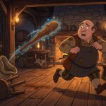 Kouzelný dubový kyj vyskakuje z pytle a žene vyděšeného chamtivého hostinského po krčmě.