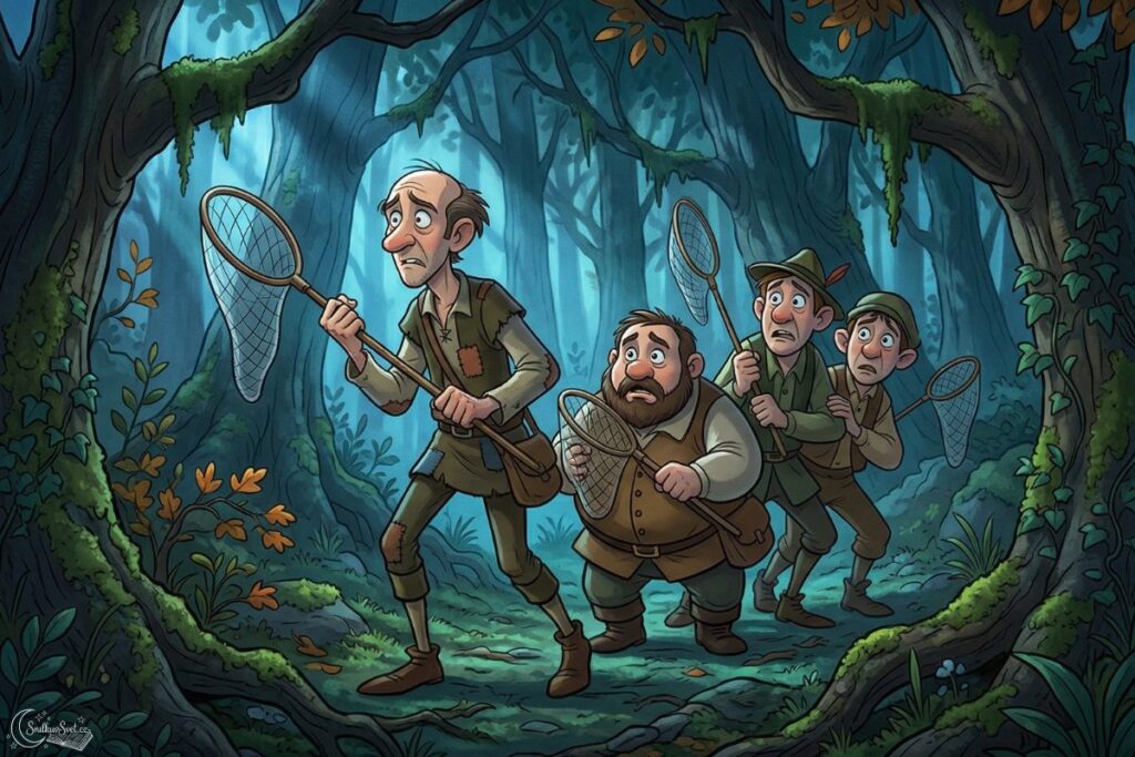 Skupina vyděšených a hloupě vypadajících lovců s velkými sítěmi na motýly opatrně našlapuje temnějším lesem.