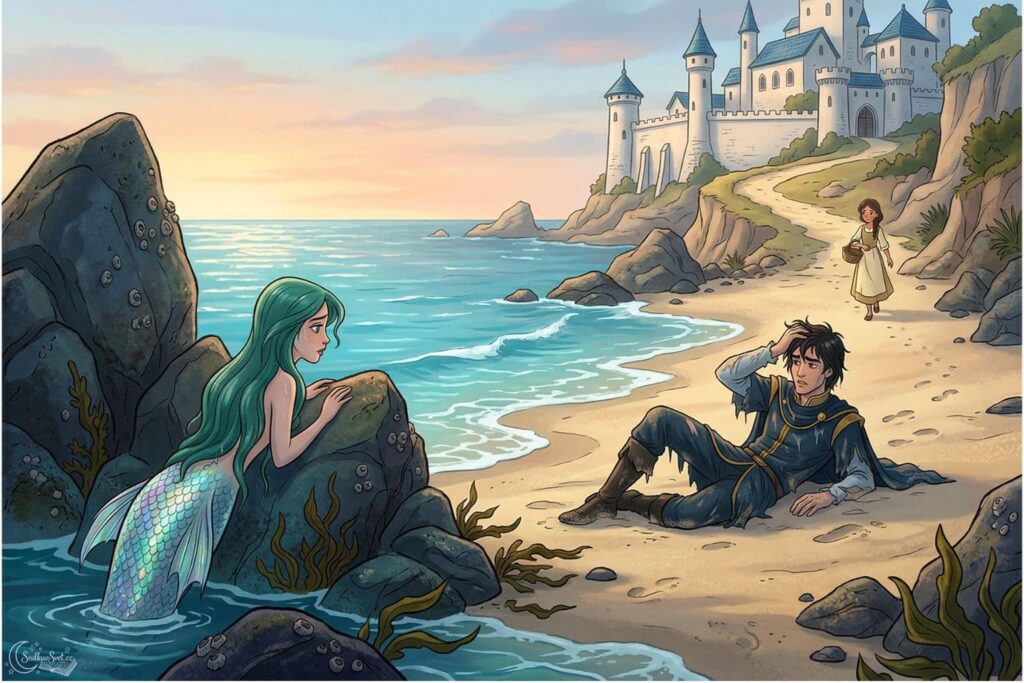 Mořská víla schovaná za útesy smutně pozoruje, jak se zachráněný princ na pláži probouzí a usmívá se na jinou dívku.