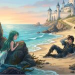 Mořská víla schovaná za útesy smutně pozoruje, jak se zachráněný princ na pláži probouzí a usmívá se na jinou dívku.