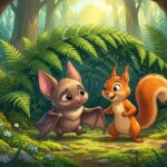 Ilustrace v moderním 2D animovaném stylu zobrazující malého roztomilého netopýrka a přátelskou rezavou veverku. Obě zvířátka na sebe koukají, stojí na lesním mechu a schovávají se ve stínu pod velkými zelenými listy kapradí před jasným poledním sluncem, které prosvítá v pozadí.